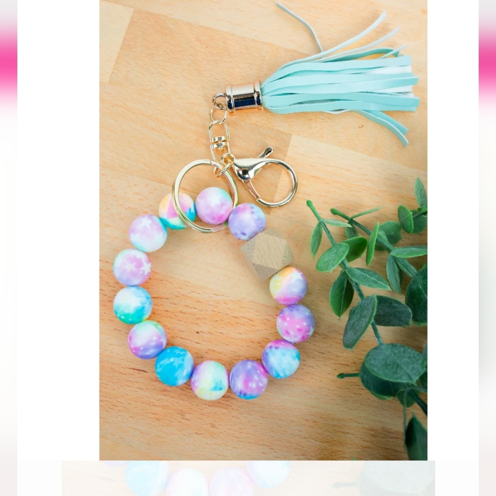 NIP STARGAZER RAINBOW TASSEL BEADED BRACELET KEYCHAIN